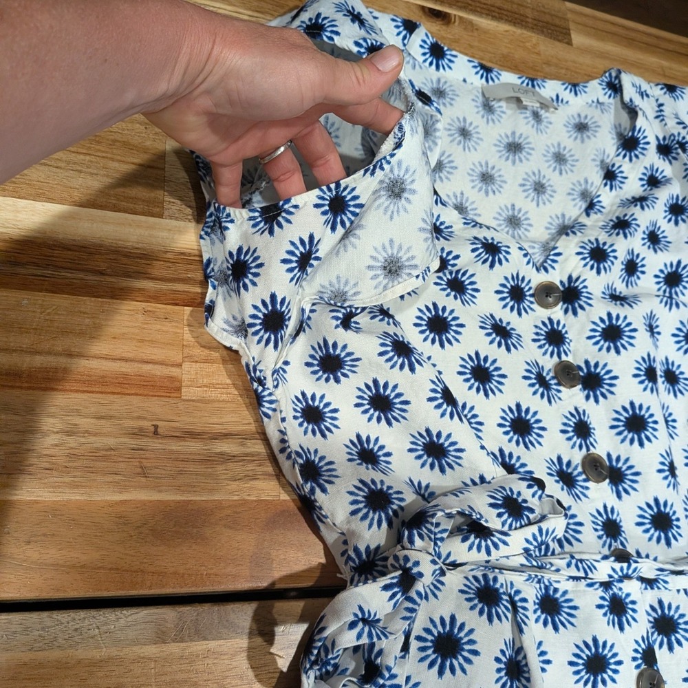 LOFT Womens Romper 10 Linen Blue White Floral Ruffle Sleeve Coastal Cottage - Picture 4 of 10